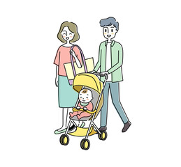 赤ちゃんとベビーカーでお出かけする夫婦のイラスト