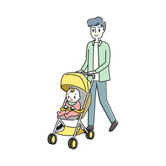 ベビーカーで赤ちゃんとお出かけするお父さんのイラスト
