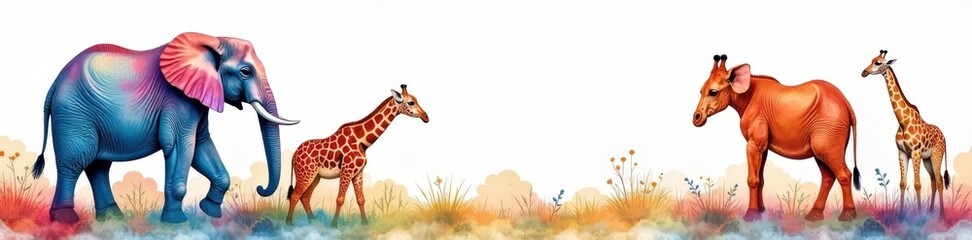 Abstract watercolor elephants & giraffes, vibrant colors, vibrant, animal