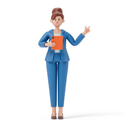 woman holding tablet, pointing upwards, symbolizing idea sharing or digital collaboration. 3D rendering, conceptual image. Isolated on white background.