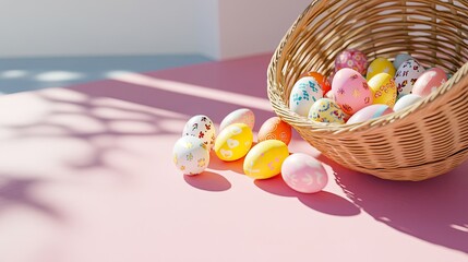 Colorful easter eggs in a basket on pink table festive spring decor bright and cheerful atmosphere