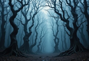 Obraz premium A dense, shadowy forest filled with towering trees, their thick trunks covered in moss. The ground is blanketed with fallen leaves, creating a rich tapestry of earthy tones.