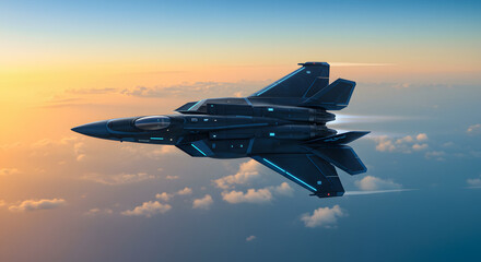 A futuristic fighter jet with angular shapes and glowing components