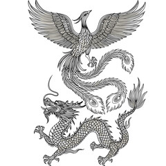 Intricate Monochrome Dragon and Phoenix Design