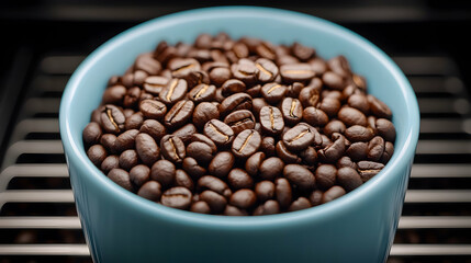 Fototapeta premium Top View of Roasted Coffee Beans in a Light Blue Bowl