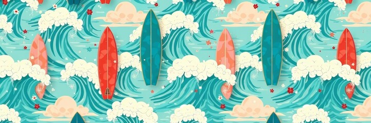 Retro beach waves and surfboards seamless pattern in pastel colors, beach, generative, seamless