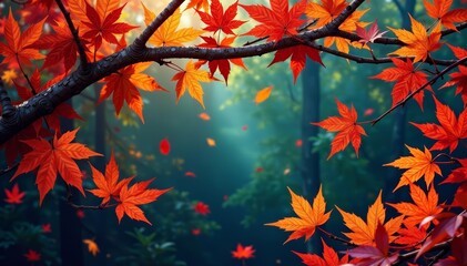 Repeat design of fall foliage on branches for autumn-themed backgrounds, themed, repeat, autumn