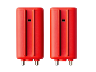 Red office equipment cutout background battery chargers professional workspace minimalist design high angle view