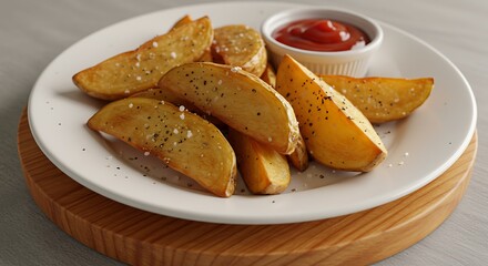 Serving Potato Wedges with Ketchup on Wooden Board