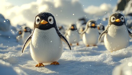 Fototapeta premium Adorable penguin chick waddles through the snow, followed by its fluffy friends. A heartwarming winter scene filled with charm.