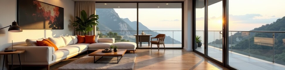 Fototapeta premium Spacious lounge area with L-shaped sofa and glass railing balcony, minimalistic, couch