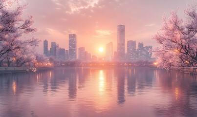 Obraz premium Sunrise city park reflection