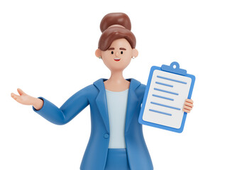 woman holding document, gesturing, symbolizes explanation or presentation of information. 3D rendering, conceptual image. Isolated on white background.