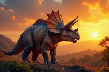 Fototapeta premium Majestic triceratops, sunset hues, brown & tan scales , silhouette, background, desert