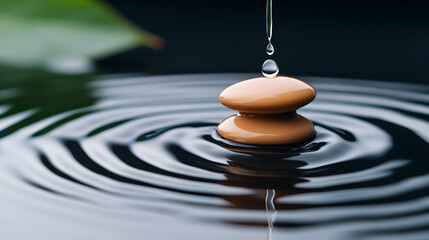 Two Brown Stones in Still Water with Ripples and a Falling Drop