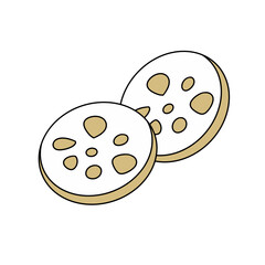 Two cookies with a white center and brown spots