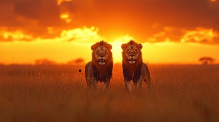 Naklejka premium Majestic Lions at Sunset in the African Savanna