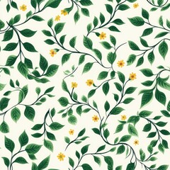 Delicate botanical pattern featuring trailing vines, lush leaves, and small yellow flowers on a creamy white background.  Intricate design for textile, wallpaper, or fabric