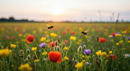 Sunset Serene Meadow: Bees in Flight over Vibrant Wildflowers
