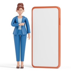 woman presenting a large phone screen, symbolizing technology demonstration or digital marketing. 3D rendering, conceptual image. Isolated on white background.