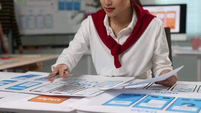 Young woman working as a mobile application designer examines paper prototypes of an app while sitting at her desk in an office.