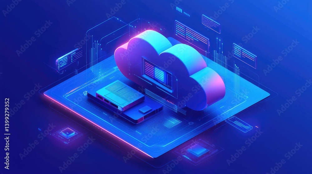 Poster 3D neon cloud integrated with data chips and digital windows on a glowing platform. Ideal for cloud computing, AI solutions, big data services, and futuristic tech ads