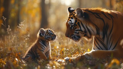Obraz premium A heartwarming moment captured: Mother tiger and her adorable cub in a serene autumn forest. A beautiful display of nature's love and family bond.