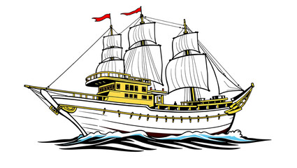 Vintage Nautical Sailing Ship Illustration: Ocean Adventure with Maritime Flags & Rigging