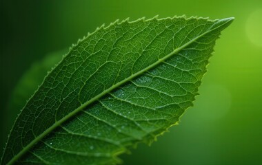 A vibrant green leaf glistens with fresh water droplets, each bead reflecting light like tiny jewels. The leaf's intricate veins are visible, showcasing its natural beauty and vitality.