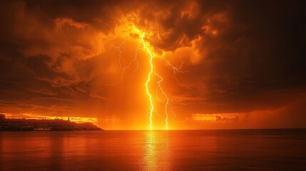Fiery Lightning Storm Over Ocean Horizon