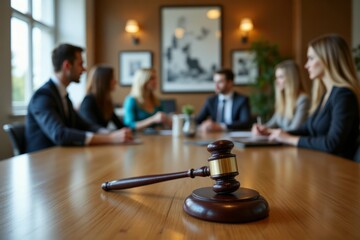A gavel rests on a conference table amidst a business meeting.