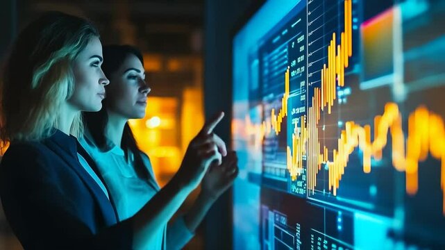 Two women interact with a digital screen displaying financial data. The setting shows a high tech data driven work environment