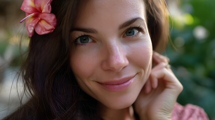 Naklejka premium Mother’s Day: Close-up of a woman with blue eyes and a flower in her hair, smiling gently with a natural and radiant complexion.