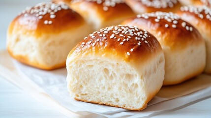 Fototapeta premium Freshly baked dinner rolls, golden brown, topped with sesame seeds. A close-up view of the soft, fluffy interior