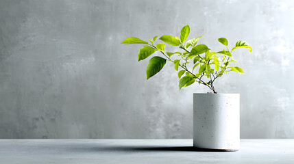 Small potted green plant against a simple grey background with subtle texture, conveying freshness, nature, and minimalistic design for modern decor or interiors