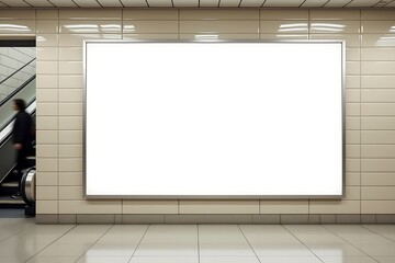 Fototapeta premium Blank Billboard Is Affixed To The Tiled Walls Of A Subway Station, With Escalators And Pedestrians In The Background. Public Transit Advertisement