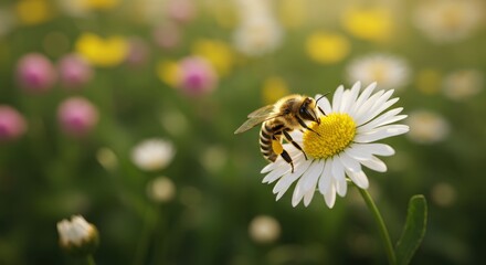 Obraz premium A Honeybee on a Daisy in a Vibrant Meadow at Golden Hour