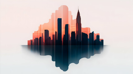 Urban City Skyline Silhouette at Sunset with Reflection