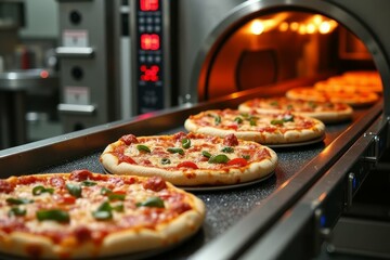 Freshly baked pizzas moving on a conveyor belt through a commercial oven.