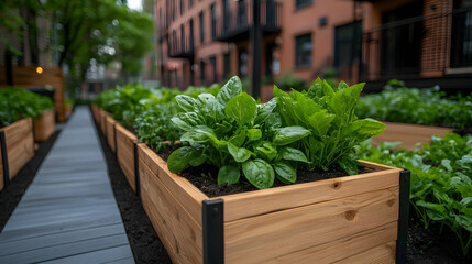 Urban Community Garden with Raised Wooden Planters and Leafy Greens