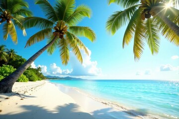 Palm trees sway gently, soft sand meets crystal clear water , sea, travel