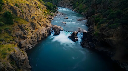 Aerial View Of Mountain River Waterfall