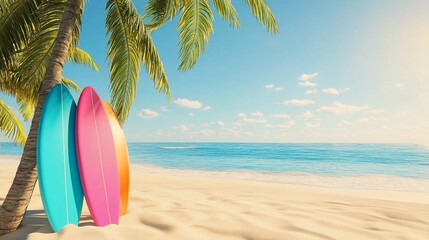 Vibrant surfboards leaning against a palm tree on a serene beach