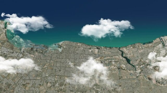 Jeddah 3D Satellite Map Zoom-Out View with Animated Clouds 