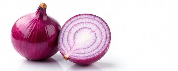 Sliced red onion showcasing concentric rings on white Clean, bright photography , raw, ingredient, background