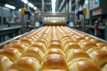 A conveyor belt in a bakery factory carrying rows of freshly baked dinner rolls.