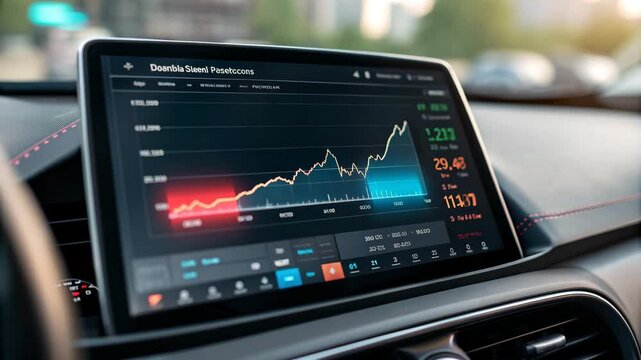 A digital dashboard displaying a fluctuating stock market graph, with various metrics and data points highlighted. - Powered by Adobe