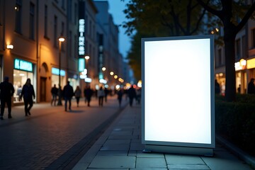 Blank, Illuminated Advertising Billboard Stands On A City Sidewalk At Night, With People Walking By And Cars Driving Past. Urban Marketing, Public Advertisement Space