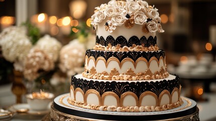 Ornate three-tiered wedding cake, elegant floral decorations, candlelit background, celebratory event