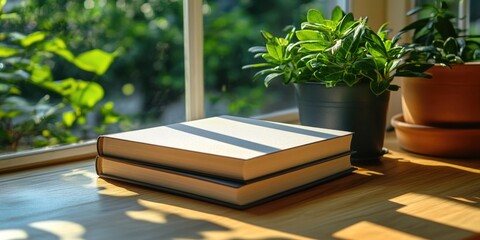 Two blank books and potted plants on a sunlit wooden windowsill overlooking greenery. Use for lifestyle blogs, reading promotion, and home decor websites